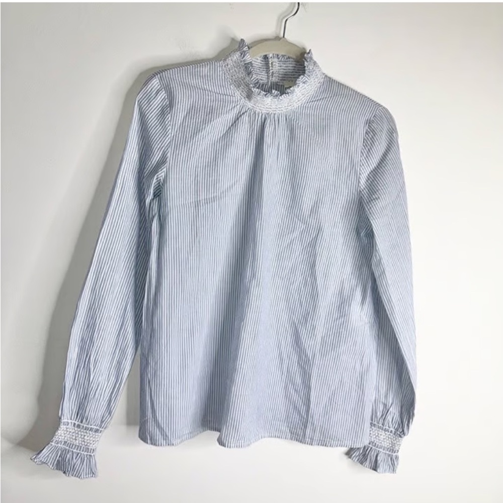 Sezane Blue/White Striped Mock Neck Long Sleeve Blouse